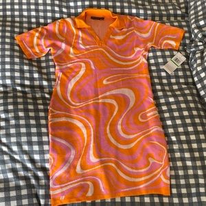 Nina Leonard polo sweater dress-tangerine, pink, ivory. Size L NWT